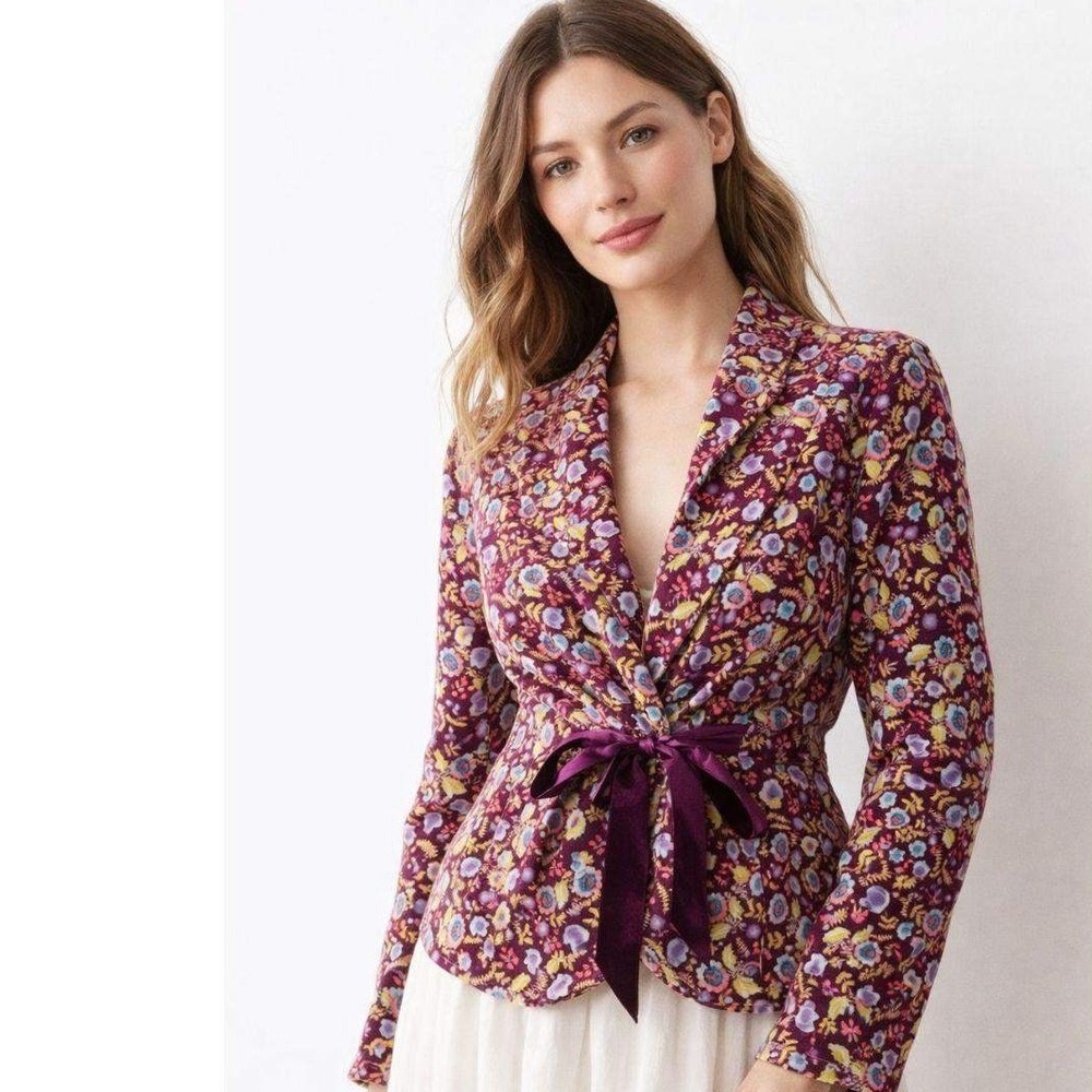 Free People Floral Velvet Blazer Plum Purple Ribbon Tie Jacket Size 4 Boho